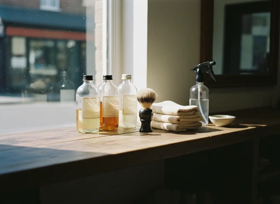 Close detail of the counter: grooming products, a brush and folded towels